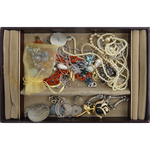 20A - A box of mixed costume jewellery, including silver items and a coral necklace.