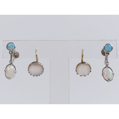 22 - A pair of 9ct gold opal earrings and a pair of gold agate earrings, 5.8 grams, opals 23.5mm.