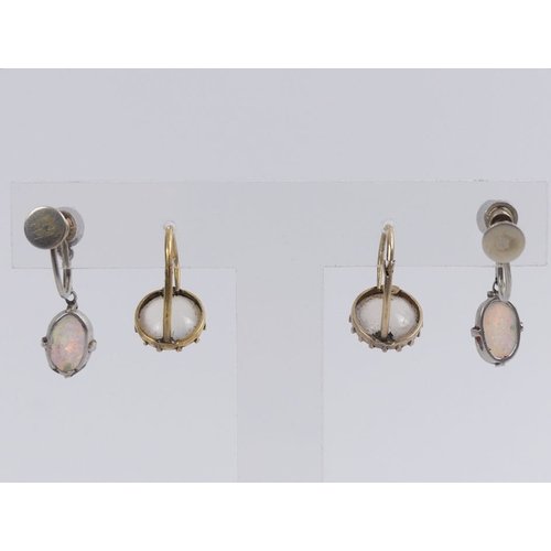 22 - A pair of 9ct gold opal earrings and a pair of gold agate earrings, 5.8 grams, opals 23.5mm.