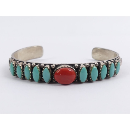 24 - Native American silver turquoise and coral cuff bangle, 27.4 grams, 9.5mm.