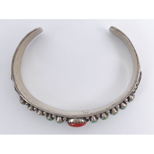 24 - Native American silver turquoise and coral cuff bangle, 27.4 grams, 9.5mm.