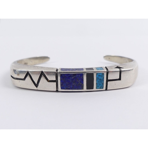 25 - Native American silver turquoise and lapis lazuli cuff bangle, 22.6 grams, 8.6mm.