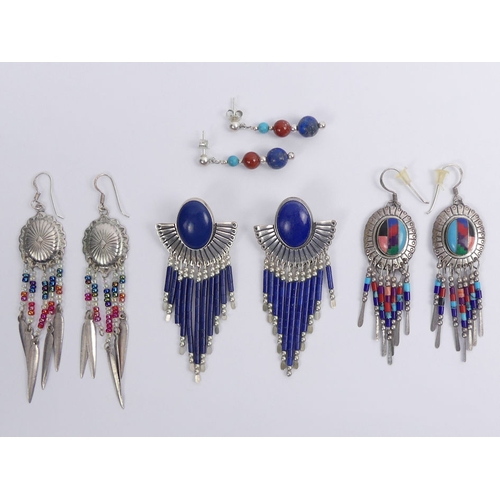 26 - Four pairs of Native American silver turquoise, coral and lapis lazuli earrings, longest 73mm.