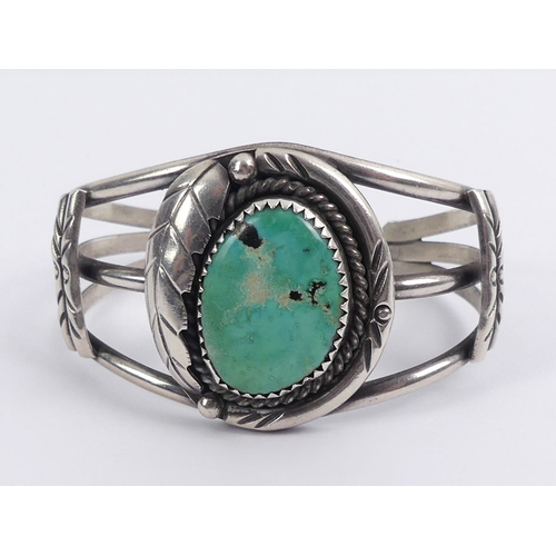 27 - Native American silver (tested) and turquoise cuff bangle, 33 grams, 36mm.