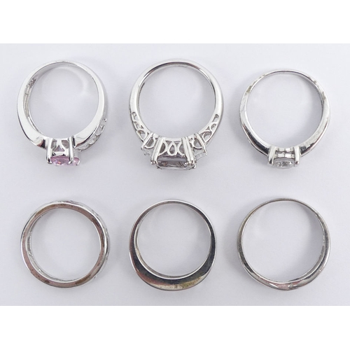 3 - Six silver stone set rings, one set with a diamond, 20 grams, five size O, one size S.