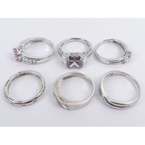 3 - Six silver stone set rings, one set with a diamond, 20 grams, five size O, one size S.