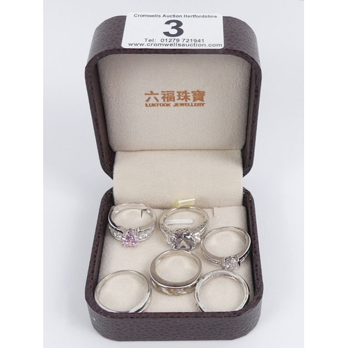 3 - Six silver stone set rings, one set with a diamond, 20 grams, five size O, one size S.