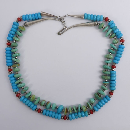 31 - Two Native American silver turquoise and coral necklaces, 62.8 grams, 45cm x 42cm.