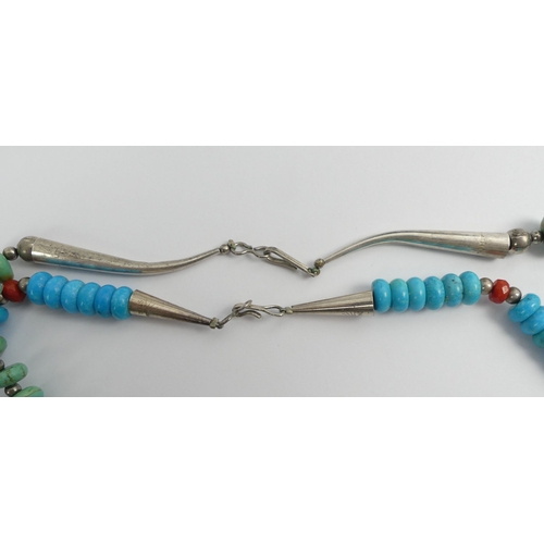 31 - Two Native American silver turquoise and coral necklaces, 62.8 grams, 45cm x 42cm.