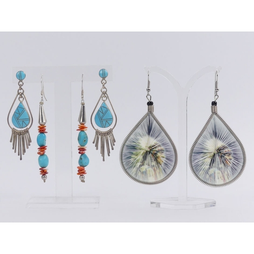 32 - Two pairs of Native American silver and turquoise earrings and a pair of silk strand picture example... 