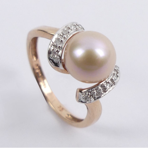 44 - 9ct rose gold, cultured pearl and diamond ring, 2.4 grams, 8mm, size K.