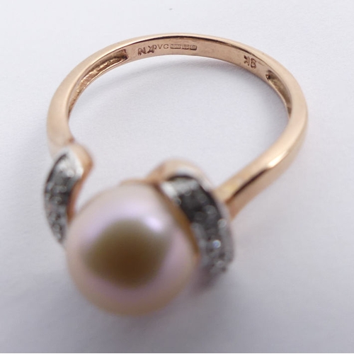 44 - 9ct rose gold, cultured pearl and diamond ring, 2.4 grams, 8mm, size K.