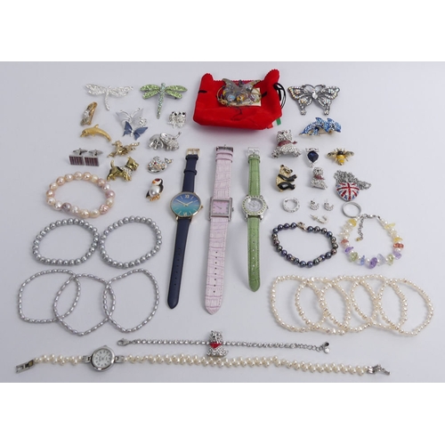 48 - A box of mixed costume jewellery, including Butler & Wilson and a Murano glass butterfly, and watche... 