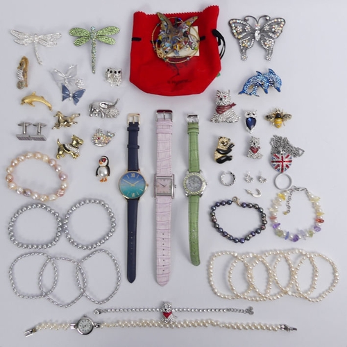 48 - A box of mixed costume jewellery, including Butler & Wilson and a Murano glass butterfly, and watche... 