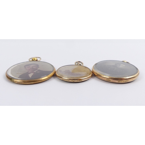 49 - Three 9ct gold picture locket pendants, various makers and dates, 19.3 grams gross, largest 33mm dia... 