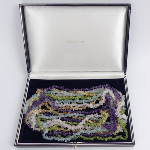 7 - Five stone necklaces, citrine, topaz, quartz, amethyst and peridot, 170 grams, 90cm.