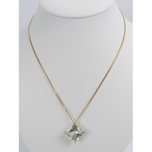 52 - 9ct gold, aquamarine pendant and chain, 6.5 grams, chain 45cm, pendant 15mm square.