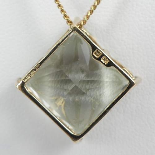 52 - 9ct gold, aquamarine pendant and chain, 6.5 grams, chain 45cm, pendant 15mm square.