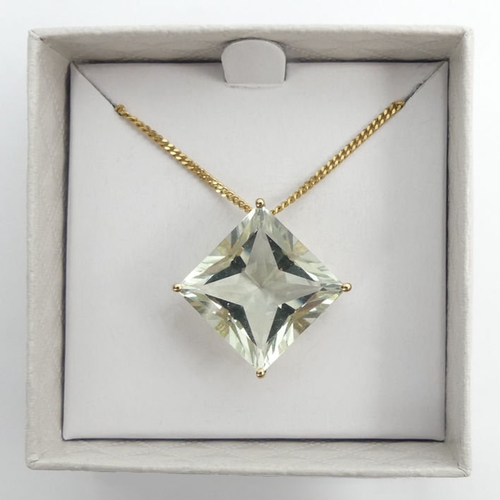 52 - 9ct gold, aquamarine pendant and chain, 6.5 grams, chain 45cm, pendant 15mm square.