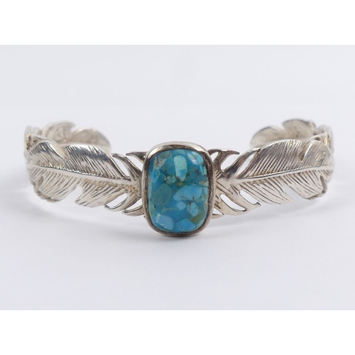 54 - Native American silver and turquoise feather design cuff bangle, 21 grams, 15.8mm.