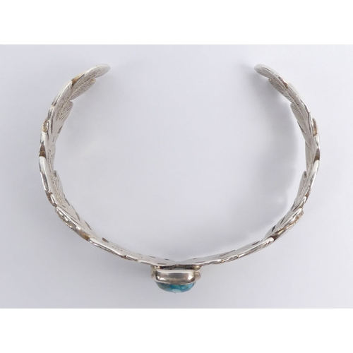 54 - Native American silver and turquoise feather design cuff bangle, 21 grams, 15.8mm.