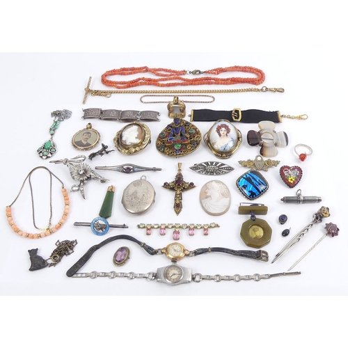 59 - A box of mixed costume jewellery, including a butterfly wing brooch and a seal fob.