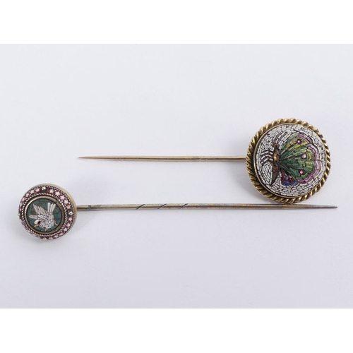 68 - Two Victorian micro-mosaic stick pins, one depicting a bird and the other a butterfly, smaller 13mm,... 