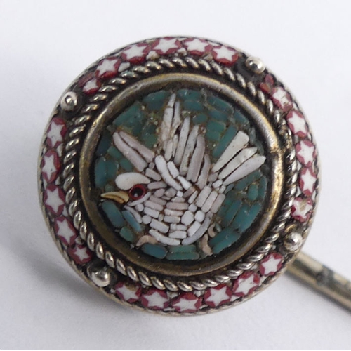 68 - Two Victorian micro-mosaic stick pins, one depicting a bird and the other a butterfly, smaller 13mm,... 