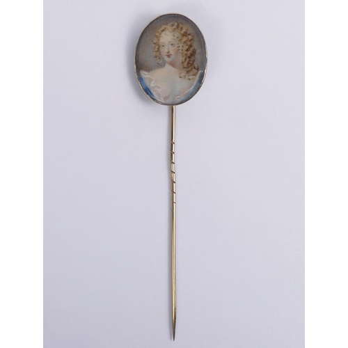 69 - 19th century miniature portrait stick pin, the oval portrait on a 9ct gold (tested) pin, 4.4 grams, ... 