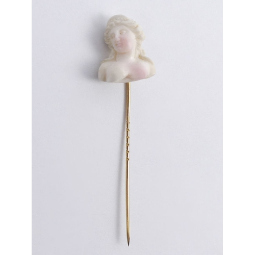 70 - Finely carved Angel coral cameo 9ct gold stick pin, 3.4 gram, 65mm.