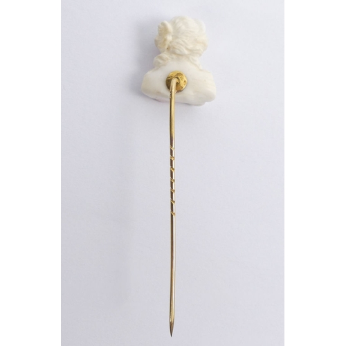 70 - Finely carved Angel coral cameo 9ct gold stick pin, 3.4 gram, 65mm.