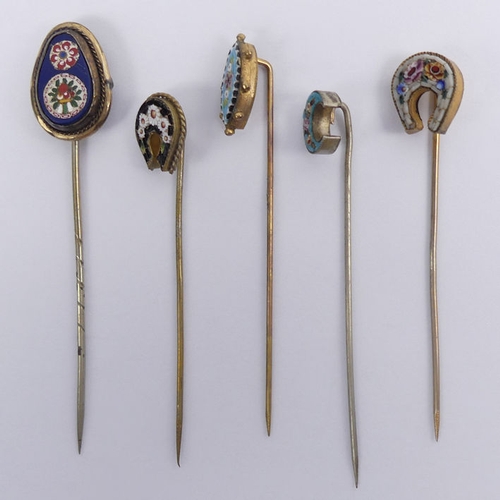 76 - Five Victorian micro-mosaic floral design stick pins, longest 73mm.