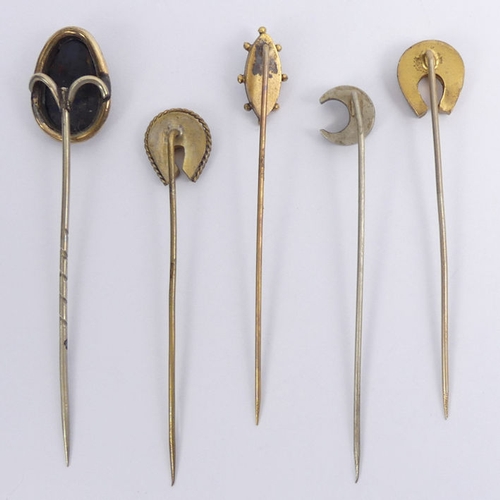 76 - Five Victorian micro-mosaic floral design stick pins, longest 73mm.