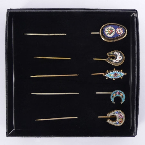 76 - Five Victorian micro-mosaic floral design stick pins, longest 73mm.