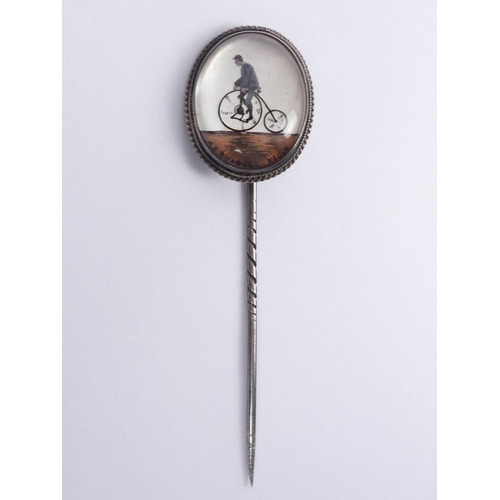 78 - Unusual hand painted Penny Farthing scene, silver stick pin, signed A.E. Quibell.Fecit, 20mm x 25mm,... 