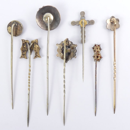 79 - Seven Bohemian garnet set stick pins, longest 81mm.