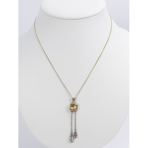 94 - 14ct gold chain and gold plated citrine, topaz and amethyst pendant, 4.2 grams, pendant 58mm, chain ... 