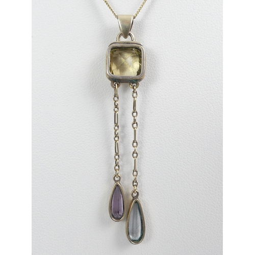 94 - 14ct gold chain and gold plated citrine, topaz and amethyst pendant, 4.2 grams, pendant 58mm, chain ... 