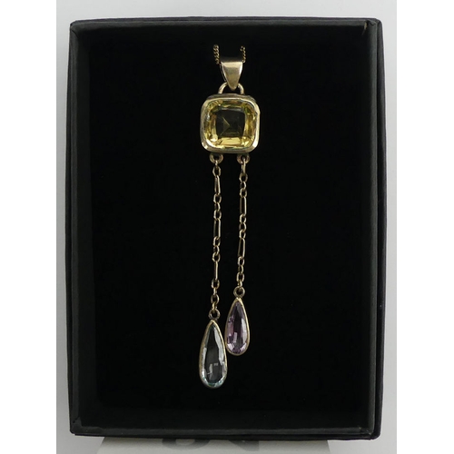 94 - 14ct gold chain and gold plated citrine, topaz and amethyst pendant, 4.2 grams, pendant 58mm, chain ... 