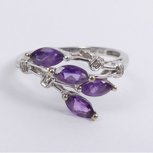 98 - 9ct white gold amethyst and diamond ring, 2.4 grams, 11.5mm, size P.