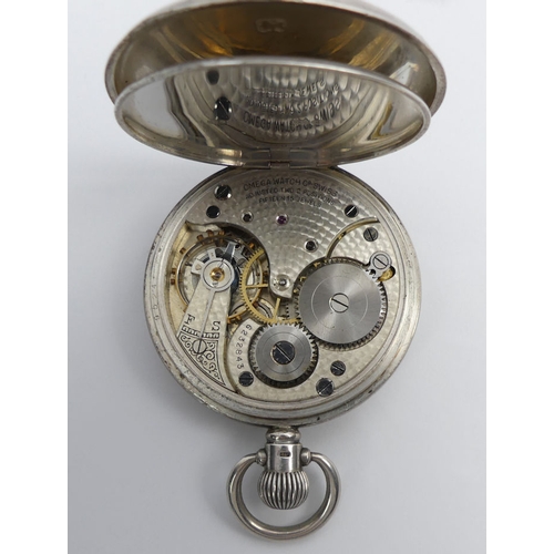 100C - Omega silver open-face pocket watch, Birm. 1926, 69mm x 49mm.
Condition Report: In working order.