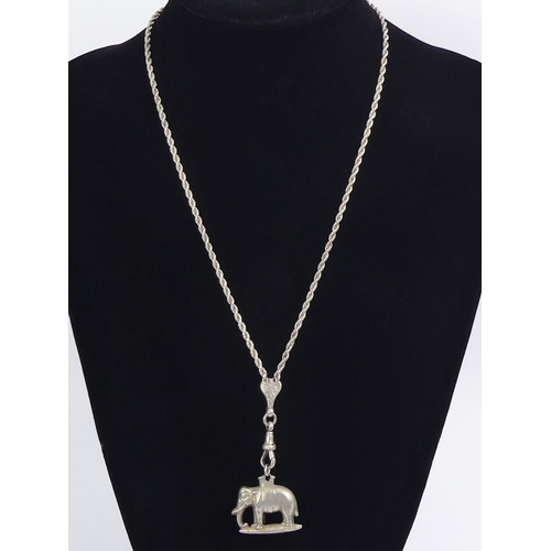 101 - Silver pocket watch Albert chain with elephant fob, 24.4 grams, 36.5cm.