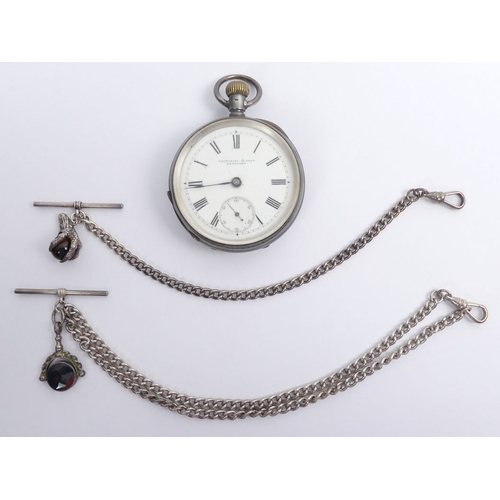 104 - Silver open-face pocket watch and two silver Albert chains with fobs, pocket watch 70mm x 54mm, chai... 