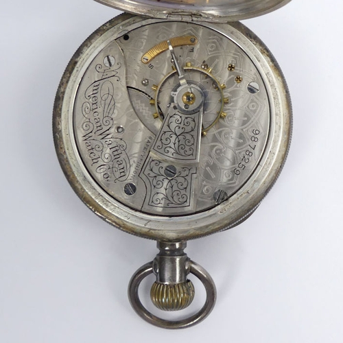 104 - Silver open-face pocket watch and two silver Albert chains with fobs, pocket watch 70mm x 54mm, chai... 