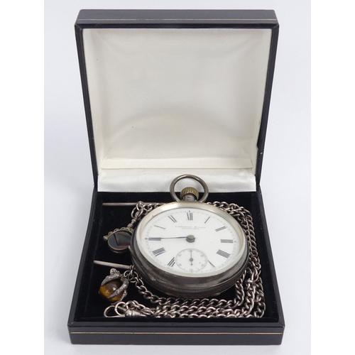 104 - Silver open-face pocket watch and two silver Albert chains with fobs, pocket watch 70mm x 54mm, chai... 