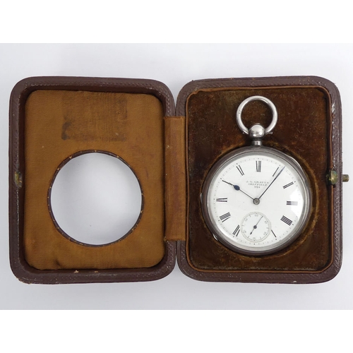 105 - Victorian silver pocket watch, JG Graves and holder, watch 51mm x 73mm.