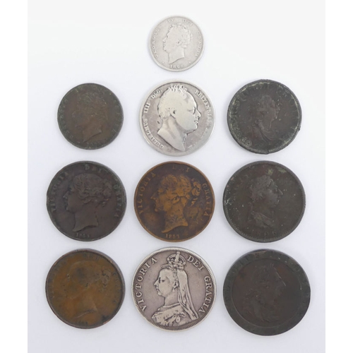 123 - Victorian and Georgian silver and copper coins, including an 1889 crown.