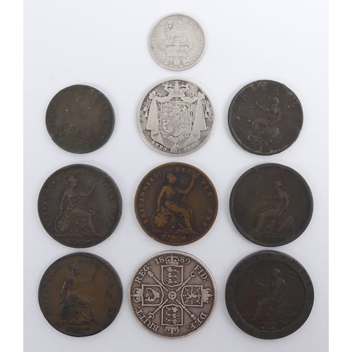 123 - Victorian and Georgian silver and copper coins, including an 1889 crown.