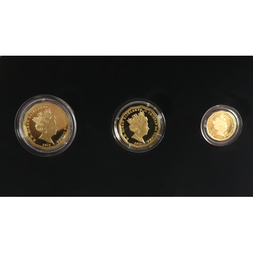 126 - The 2017 'Twelve Sided Gold Sovereign' series, comprising quarter, half and full sovereigns, all M.I... 