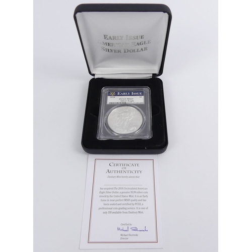 127 - U.S. one ounce 2018, uncirculated American Eagle silver dollar, encapsulated, boxed with C.O.A.